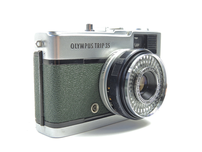 Early Olympus Trip 35 in dark green cowhide leather