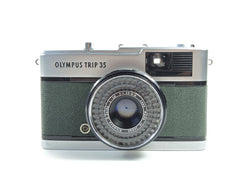 Early Olympus Trip 35 in dark green cowhide leather